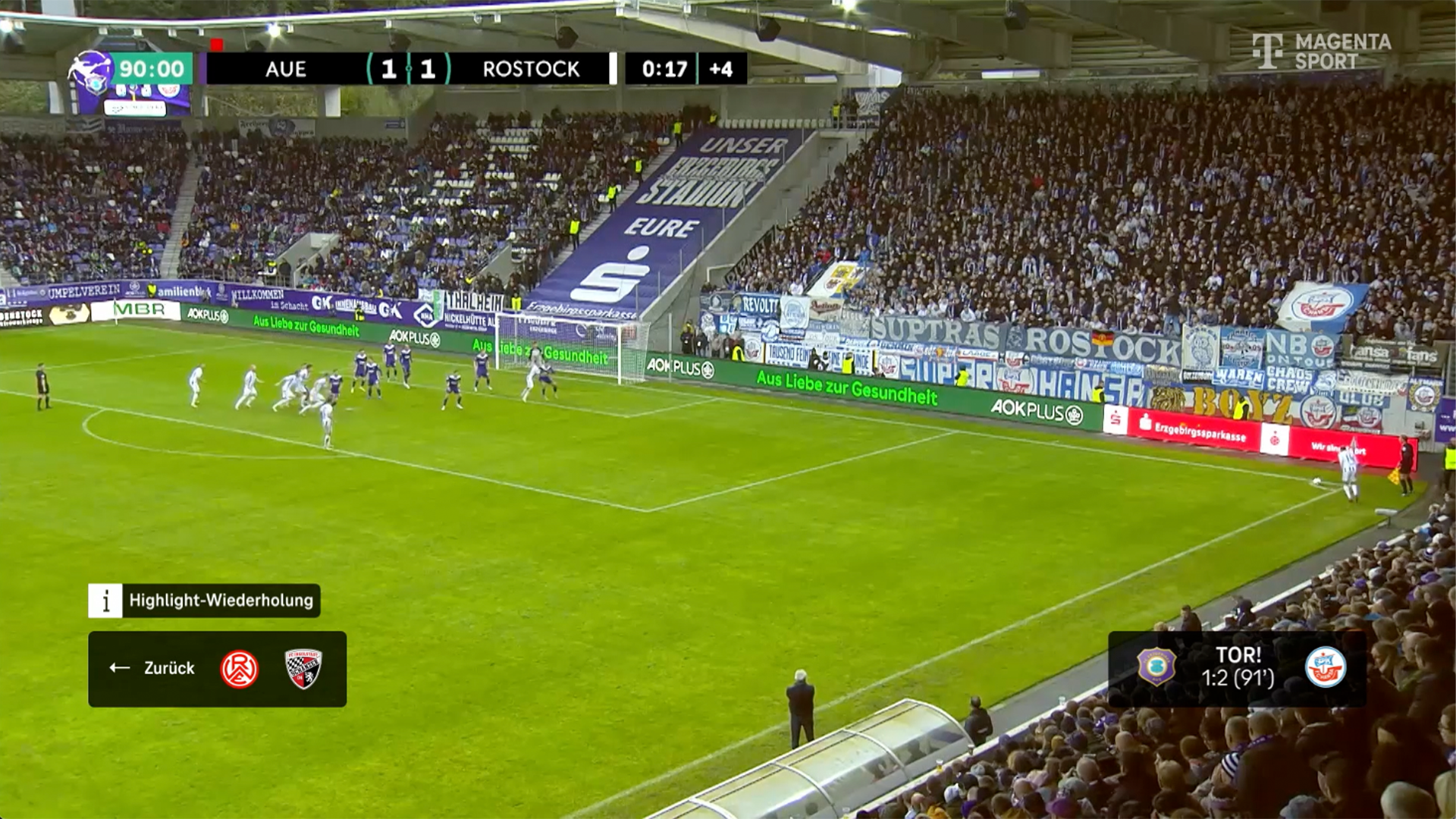 Spielbild eines Livespiels der 3. Liga mit Elementen des Highlight-Tickers.