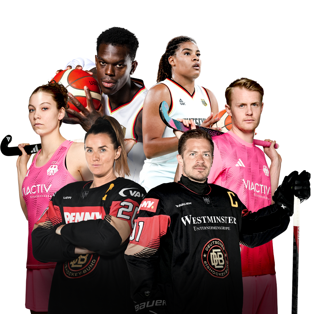 Werbemotiv mit Spielern und Spielerinnen der Nationalmannschaften Basketball, Eishockey und Feldhockey.
